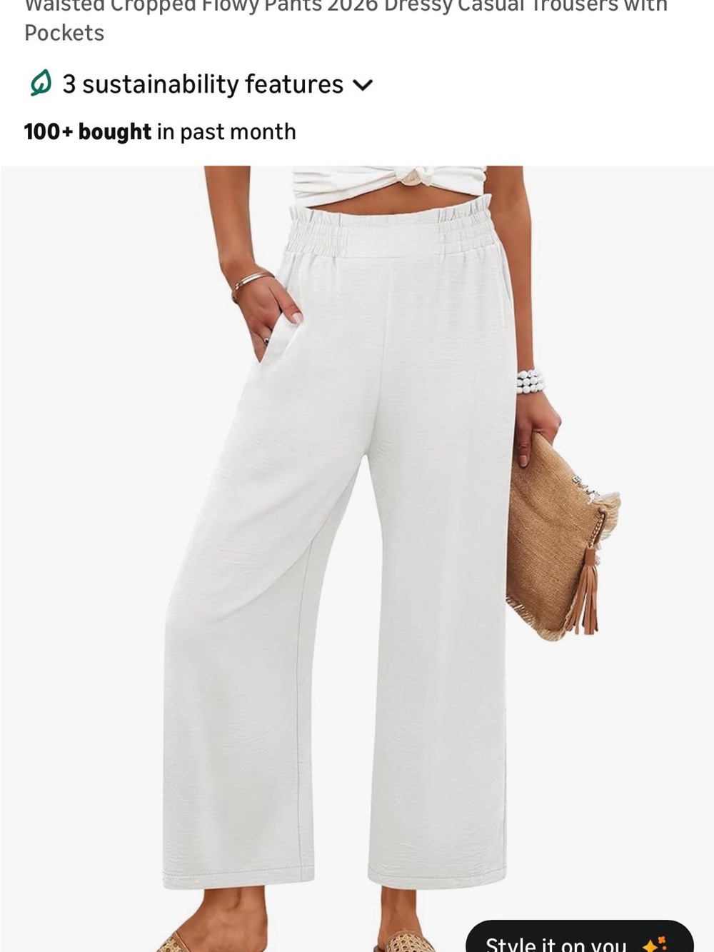 Smocked Waist Wide-Leg Cropped Pants — White, NWT